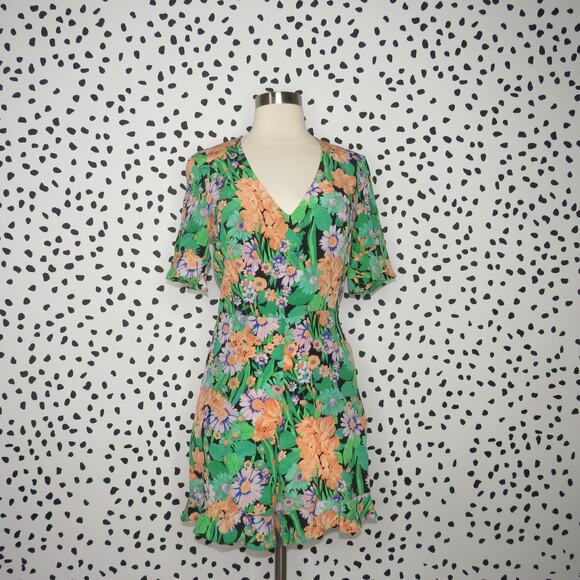 Sandro Green Floral Print V-Neck Eudelin Silk Romper - Picture 2 of 13